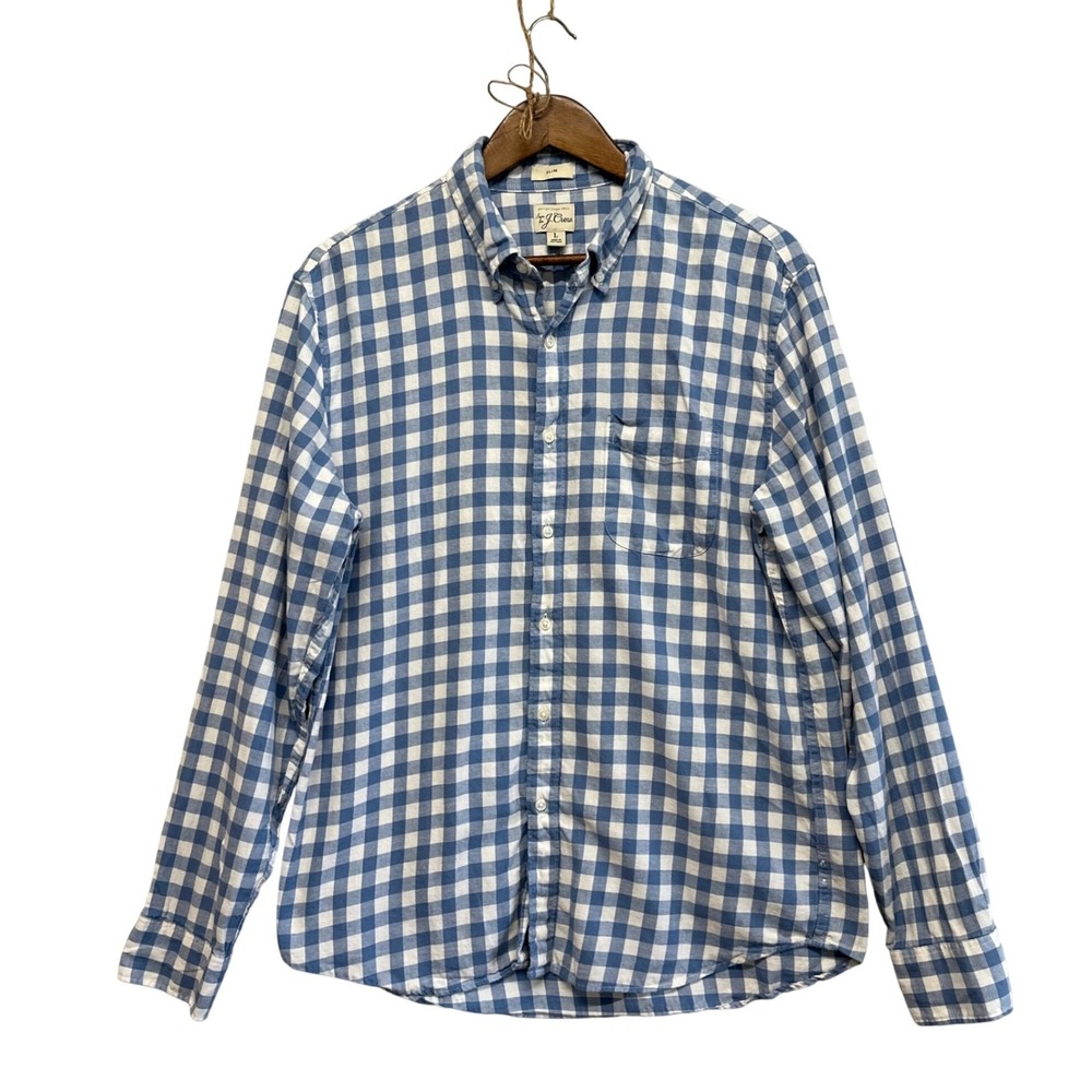 J Crew Mens Size L Shirt Slim Fit Gingham Cotton Linen Long Sleeve‎ Button Down